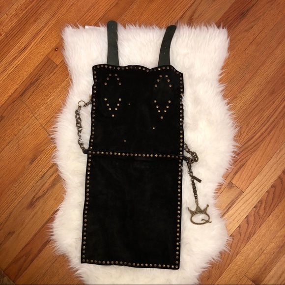 SAVE THE QUEEN Black Suede Studded Lucite Beads Strap Crossbody Bag Keychain - Picture 6 of 8